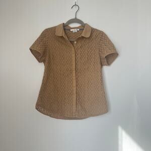 Boden Tan Short-Sleeve Button-Front Closure Eyelet Shirt 6 Coastal Grandmother